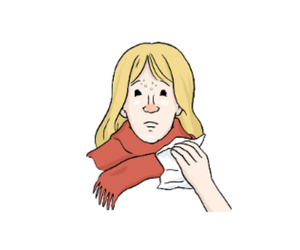 Eine blonde Frau mit Schal und Taschentuch.
